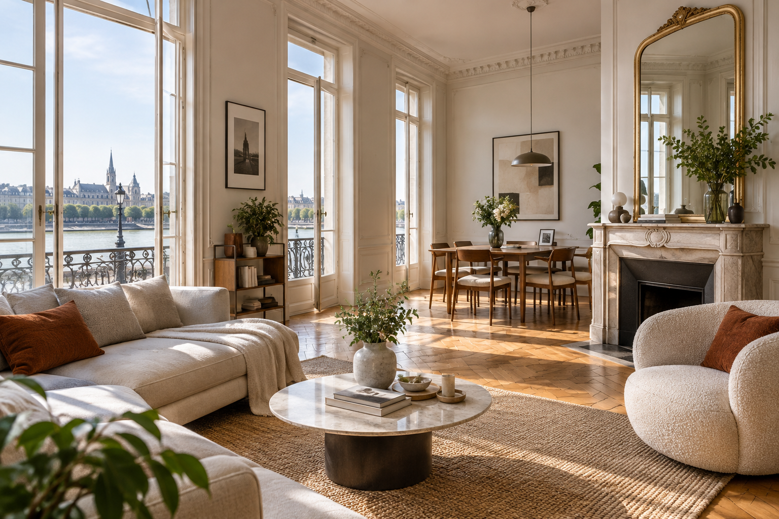 Intérieur lumineux d'un appartement bordelais récemment loué, avec hautes fenêtres et parquet.