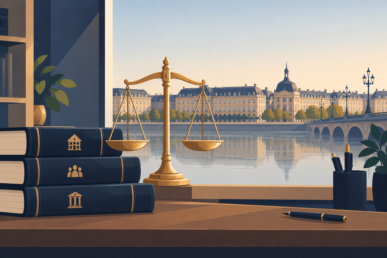 Livres de droit et balance de justice, illustration.