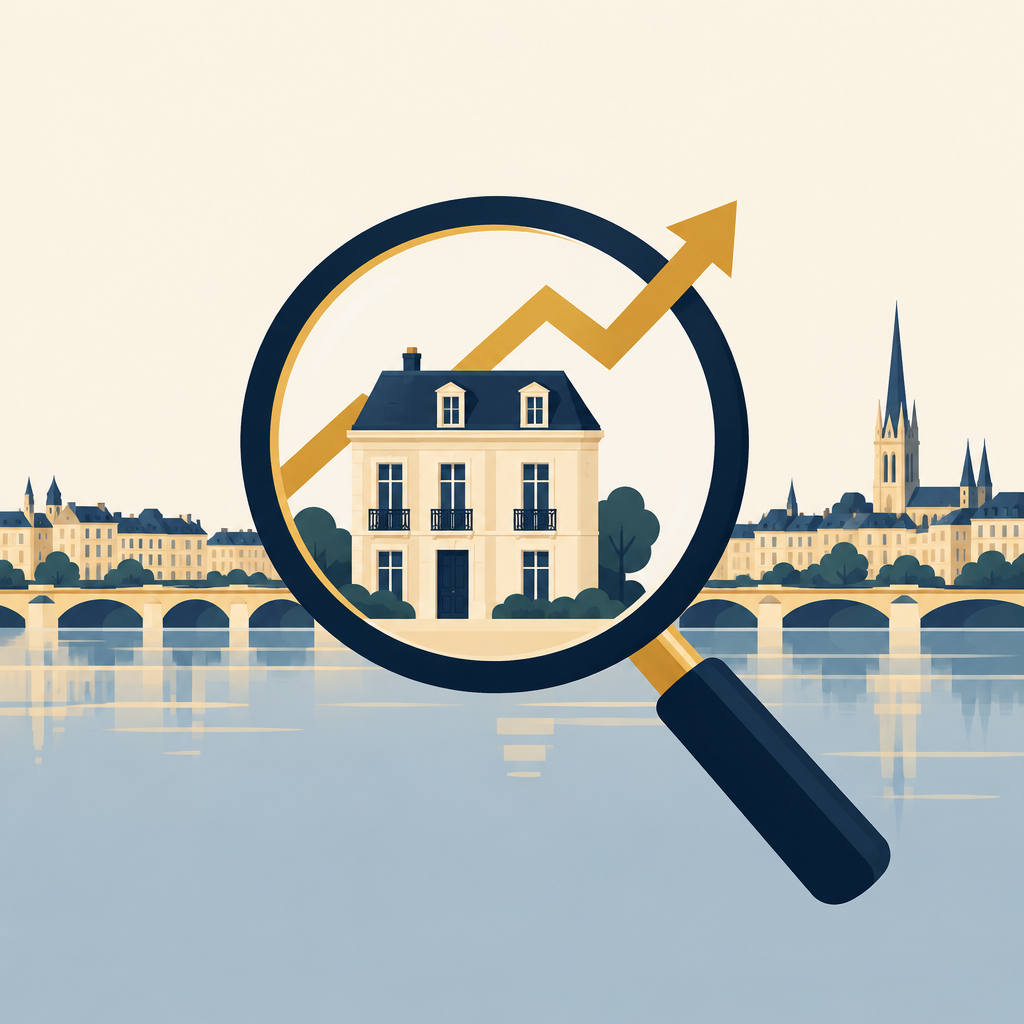 Loupe sur une maison avec flèche de prix, illustration.