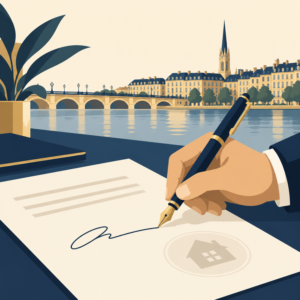 Stylo signant un document avec une maison, illustration.